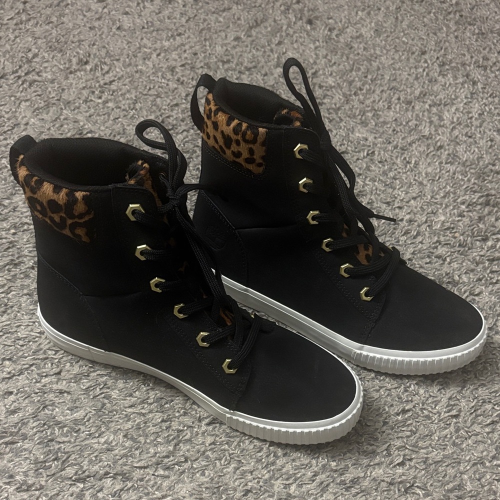 Timberland Black and Leopard Print High-Top Sneakers